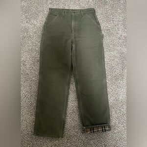 Carhartt Olive Green Flannel Lined Duck Pants Dungaree Fit 33x32